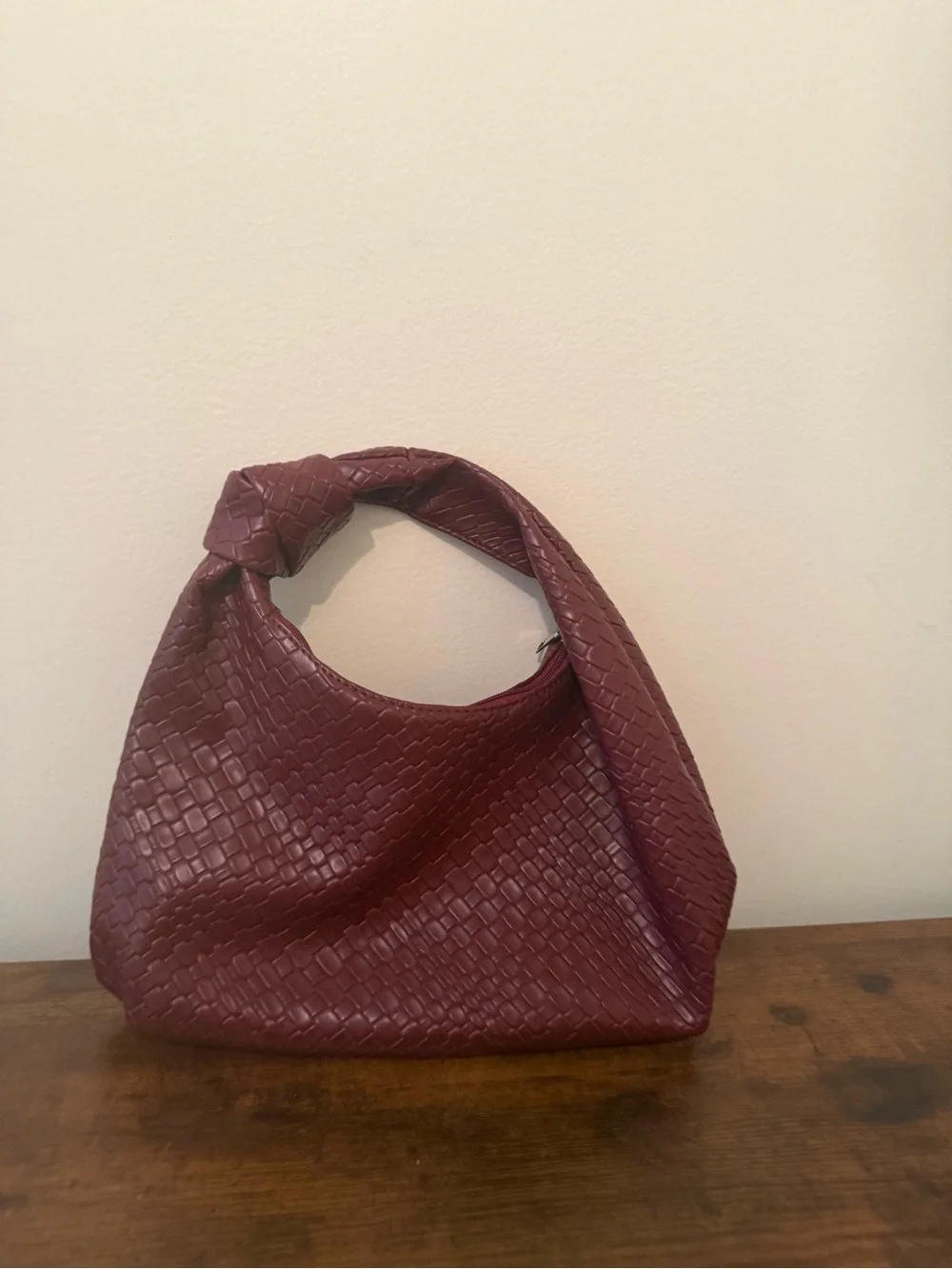 Vintage Inspired Burgundy Woven Faux Leather Hobo Shoulder Bag